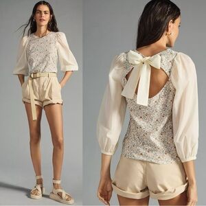 Nation LTD Shalom Tie Back Puff Sleeve Tee Floral Cream Dainty Ethereal Small